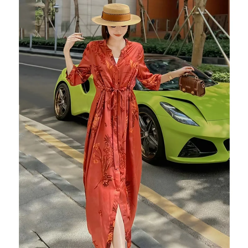 High End Summer New Women's V-Neck Silk Printed Half Sleeved Adjustable Waist Fashionable Single Breasted Shirt Dress S-XL