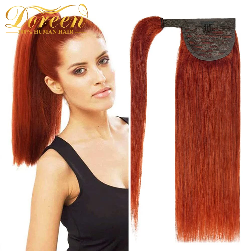 

Doreen Thick Ginger Red Copper Clip in Ponytail Remy Human Hair Extensions Double Drawn Wrap Pony Quick Style for Short Hair