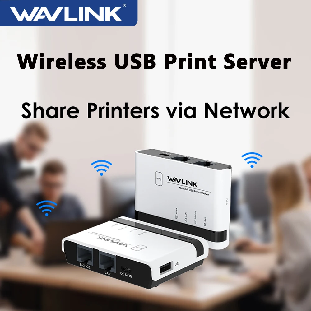 WAVLINK Network USB Wireless Printer Server 480Mbps USB2.0 WiFi Print Server 10/100Mbps LAN/Bridge For Windows 7/8/10/11/XP Mac