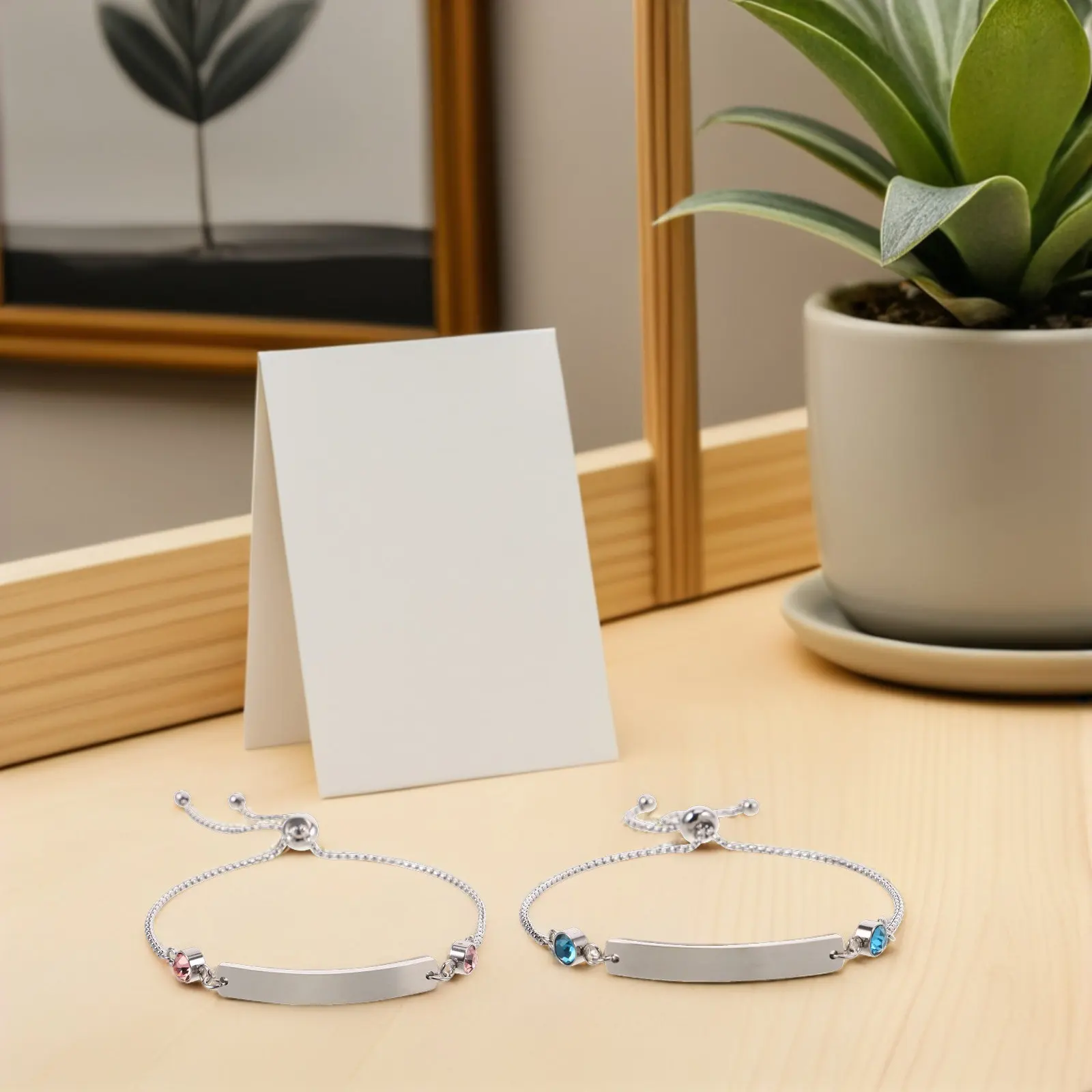 2Pcs Stainless Steel Couple Bracelets Adjustable Fit Engraving Ready Rhinestone Charm Matching Wrist Bangles for Relationships