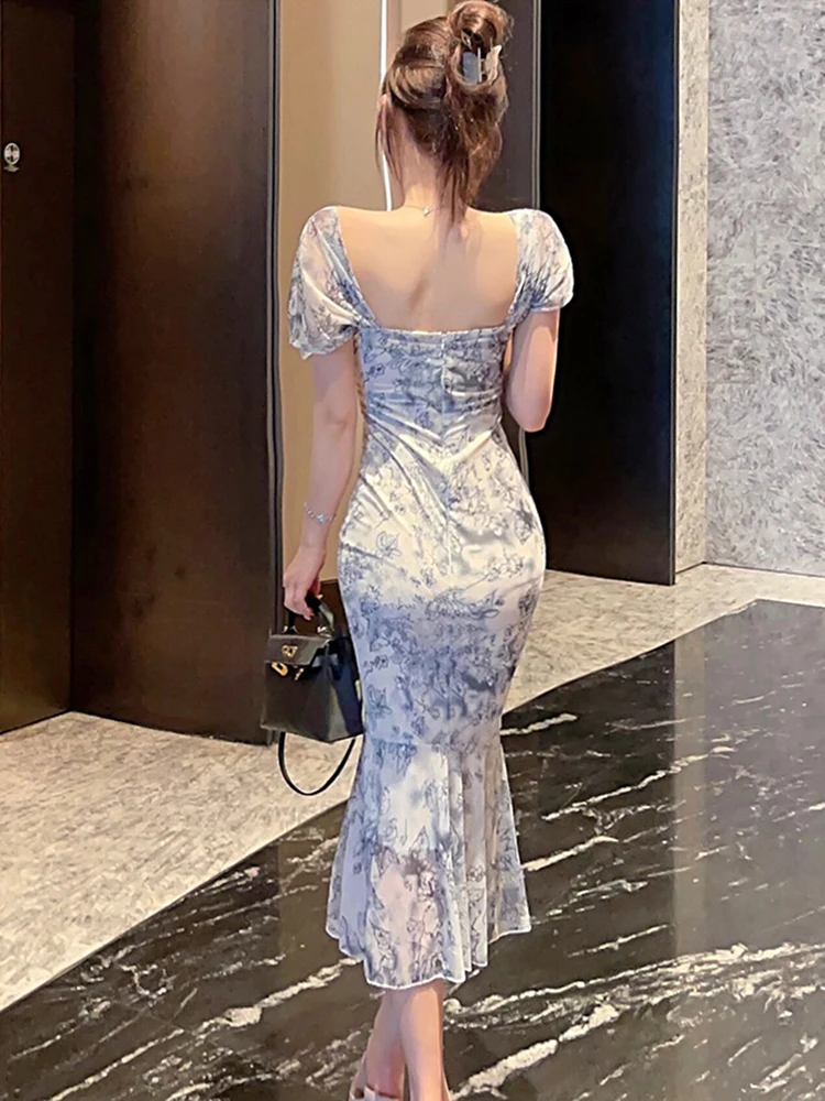 2025 جديد الأزهار شبكة قصيرة الأكمام ساحة طوق فستان مثير المرأة أنيقة الورك التفاف فستان الصيف الكورية Bodycon فستان طويل فاخر