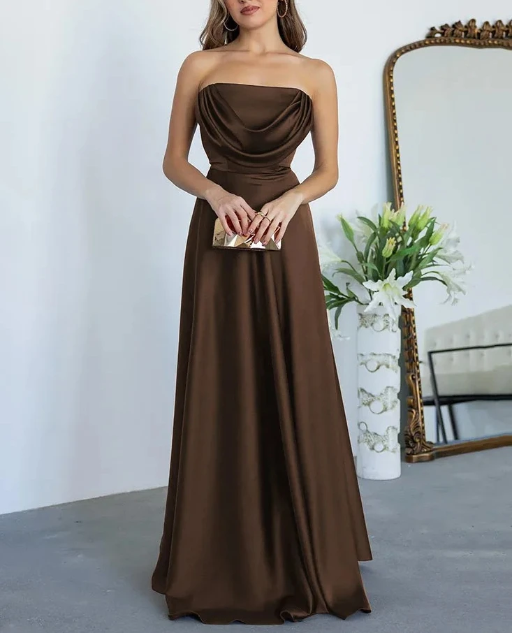 Vrouwen elegante mouwloze rugloze ruches a-lijn avondjurken vestido strapless satijnen sexy maxi-jurk