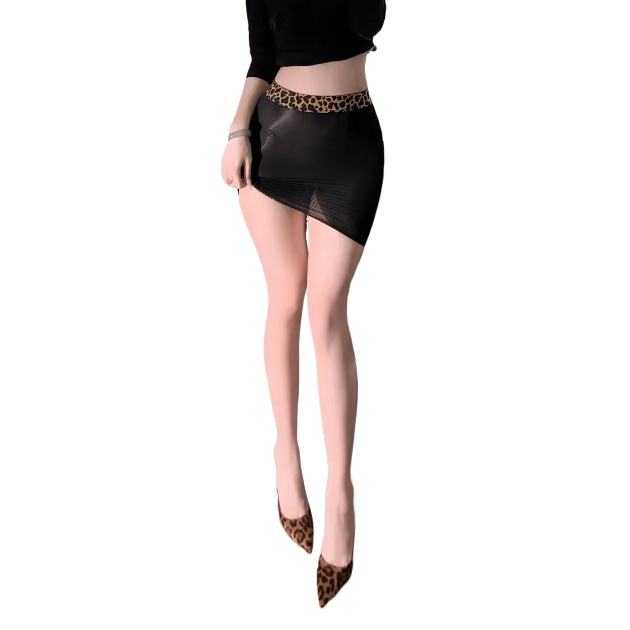 Falda Corta Sexy y Ajustada, Transparente, Sedosa y Brillante con Estampado de Leopardo, Falda Envolvente con Efecto Aceite de Caballo, Lencería Sensual y Pasional