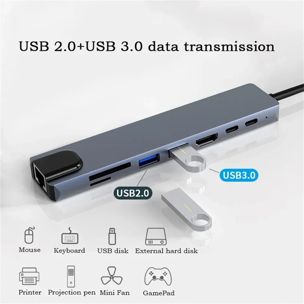 8in1 نوع C Hub USB C 8 في 1 USB3.1 إلى 4K HDMI محول متوافق مع RJ45 SD/TF قارئ بطاقات PD شحن سريع للكمبيوتر المحمول