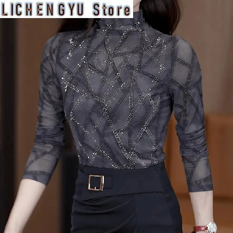 

Сетчатая футболка с длинными рукавами, женский полосатый топ с бриллиантами, модная стильная тонкая базовая рубашка