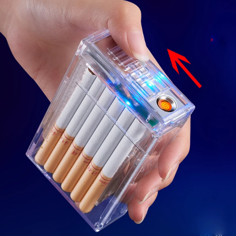 New Transparent Cigarette Case with Lighter All-in-one Machine 20 Standard Cigarettes Creative Windproof Cigarette Lighter