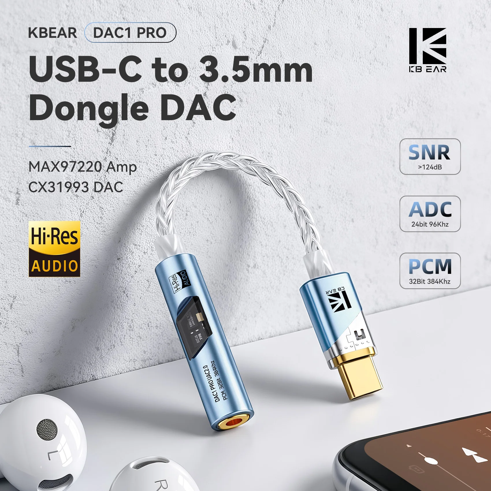KBEAR DAC1PRO Dongle DAC HiFi da Type-C a 3.5mm, Cavo Adattatore Decoder Audio Digitale Senza Perdita per TBX Kalideer KB02