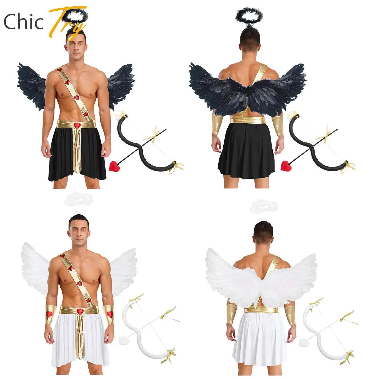 

Halloween Cupid Cosplay Outfits for Mens Heart Pattern Skirt with Sleeves And Wings Angel Headwear Bow And Arrow 5-piece Set