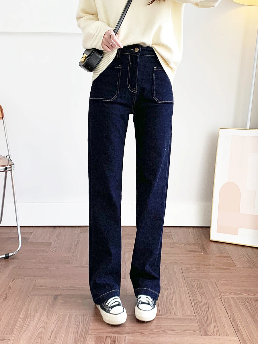 

Stylish Fashionable Straight Leg Composite Cotton Women's Jeans Double Pocket Wide Leg Pants Spring Autumn Seasonal Cotton El...