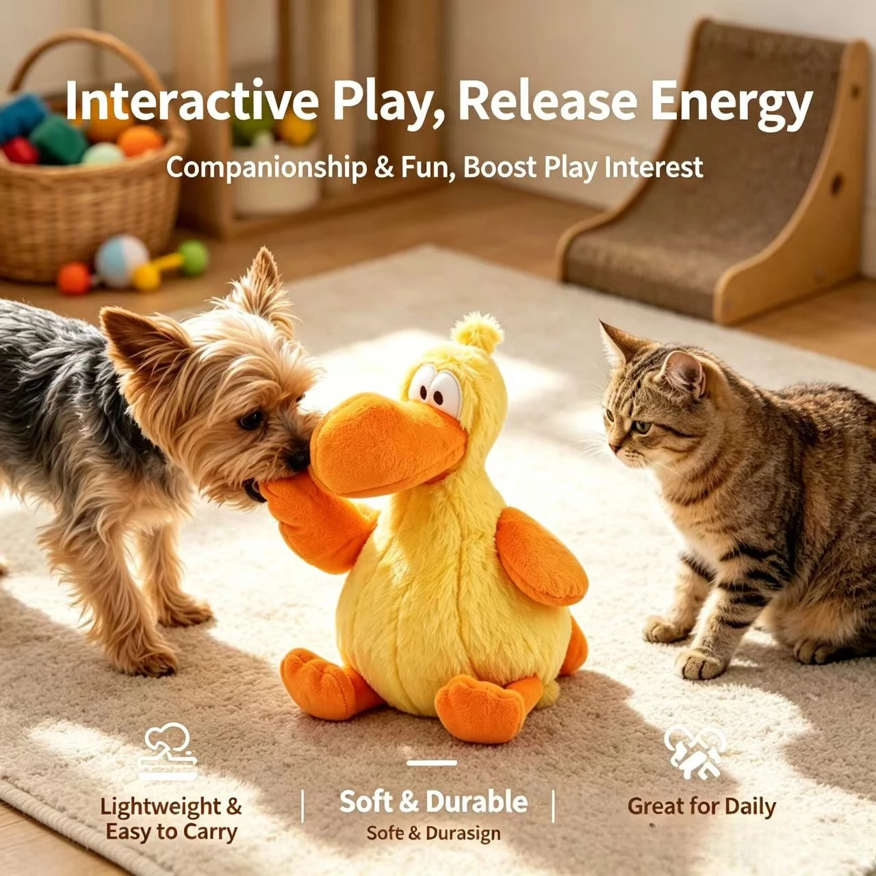 Yellow Duck Dog Toys for Aggressive Chewers Cats Dogs Chew Squeak Toy with Quacking Sound Interactive Plush Doll Pet Supplies