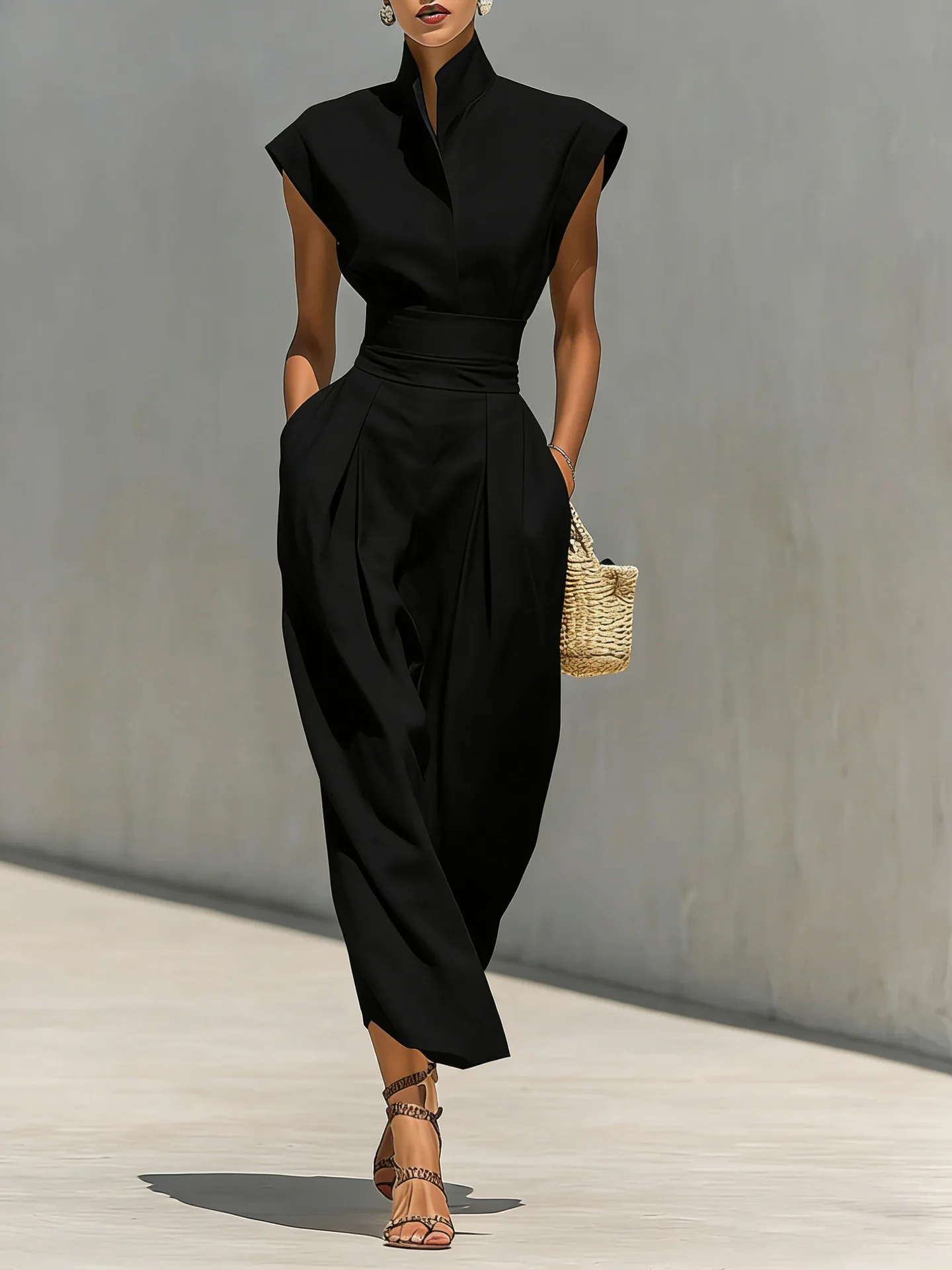 Zomerse Nieuwe Hoge Taille Zakjurk Elegante Dames Slim Geplooide Midi Jurken Mode Effen Staande Kraag Mouwloze Jurk voor Dagelijks Gebruik