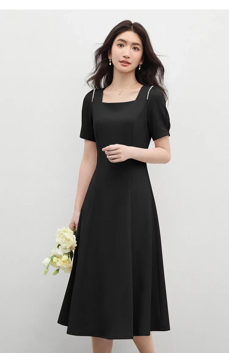 SENTUBILA Damen Einfaches A-Linien-Kleid 2026 Sommer Büro Elegantes Kleid mit Quadratischem Ausschnitt und Perlenketten-Detail Kurzarm Q62LI6575X – Detail 28