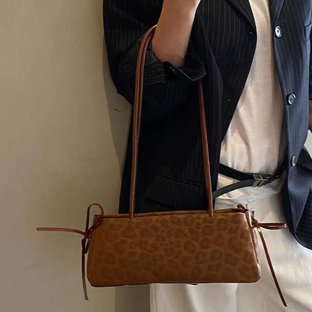 

Милая французская сумка-палка, большая вместительная сумка в корейском стиле с леопардовым принтом, сумки для подмышек, водонепроницаемая школьная сумка из искусственной кожи с бантом и лентой