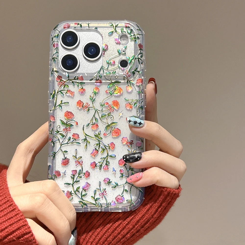 

Lovely Flower Laser Glitter Phone Case for iPhone 14 15 16 16pro 16promax 17 17pro 17promax Shockproof Clear Anti-fall Cover