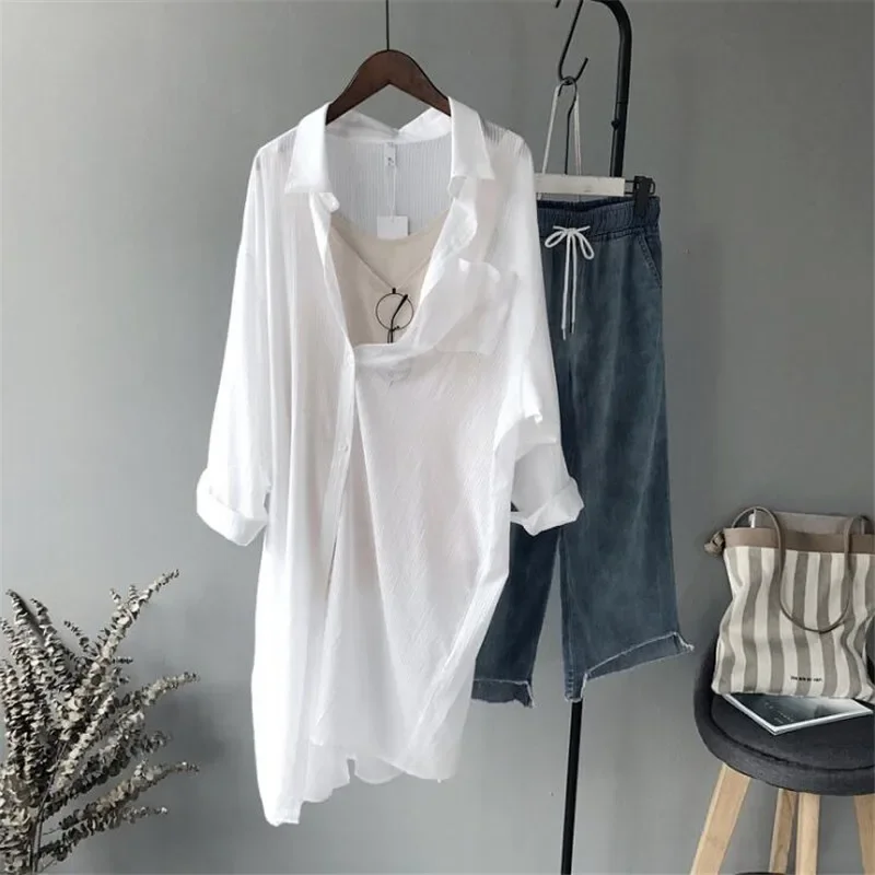 Blusa larga blanca de algodón para mujer, camisas blancas informales de manga larga, Tops holgados de talla grande con bolsillos, blusa de alta