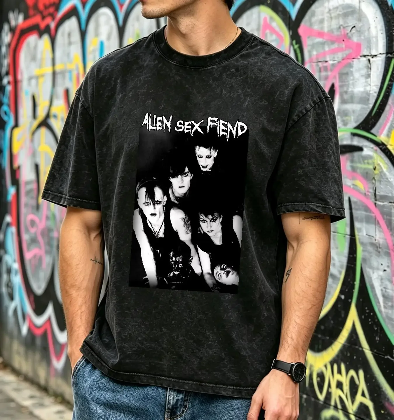 washed T Shirt Alien Sex Fiend vintage Washed Top For Everyday Wear Soft streetwear Slightly Versatile Stretched Stylish homme