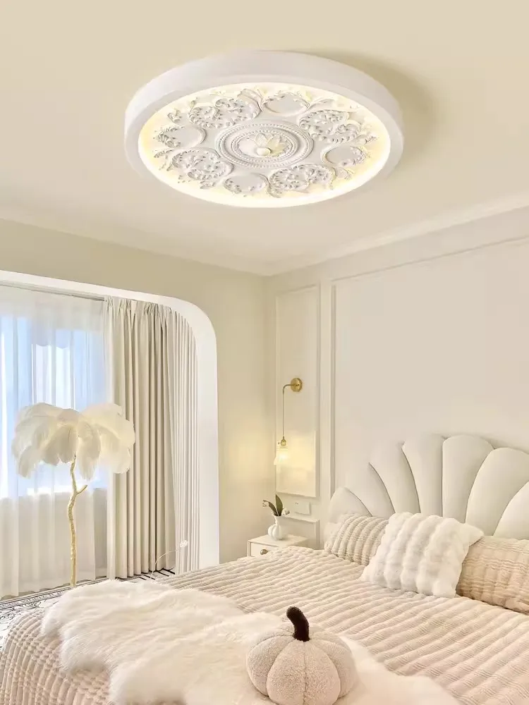 luxury relief ceiling light, bedroom, study, modern minimalist cream style circular white ceiling light
