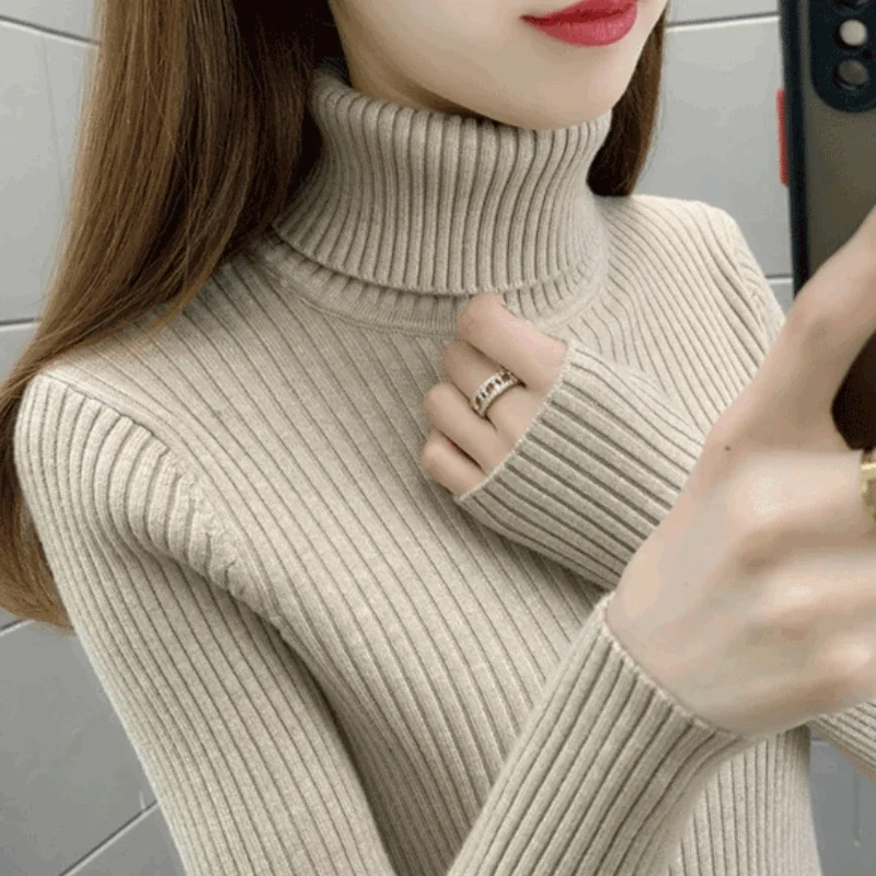 Knit Tops for Woman Turtleneck Women\'s Sweater Black Gigh Neck Jerseys Pullover White Clothes Cold Winter in Promotion Clothing