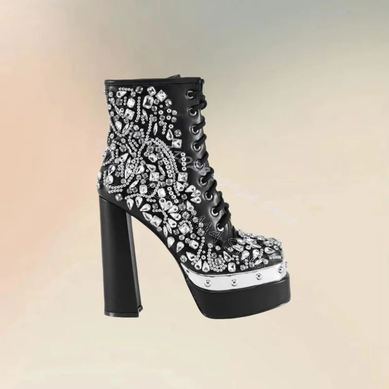 

Crystal Decor Black Cross Tied Double Platform Boots Side Zipper Women Shoes Chunky High Heels Banquet 2024 Zapatos Para Mujere