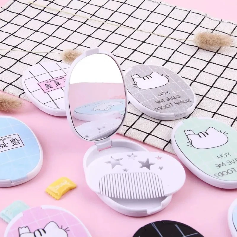 Faltbare runde Make-up-Spiegel, Mini-Cartoon-Make-up-Waschtisch, tragbare Handspiegel, doppelseitig, kompakt, Taschenspiegel, zufällige Farbe