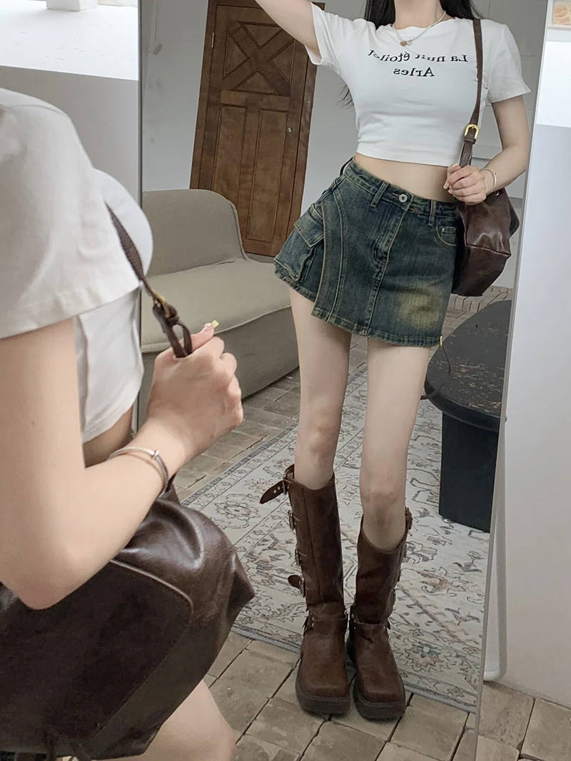 Retro American Hot Girl Denim Shorts Women's Summer 2024 New Thin A-Line Mini Skirt Blue High Waist Straight Leg Jeans