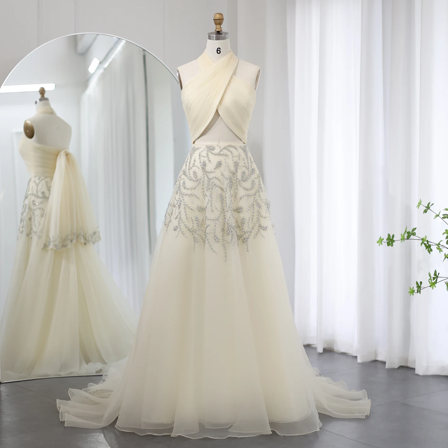 샤론 사이드 아랍 홀터, 베이지 두바이 이브닝 원피스, 여성 웨딩 럭셔리 크리스탈 두바이 롱 프롬 파티 드레스, SS444 맞춤형