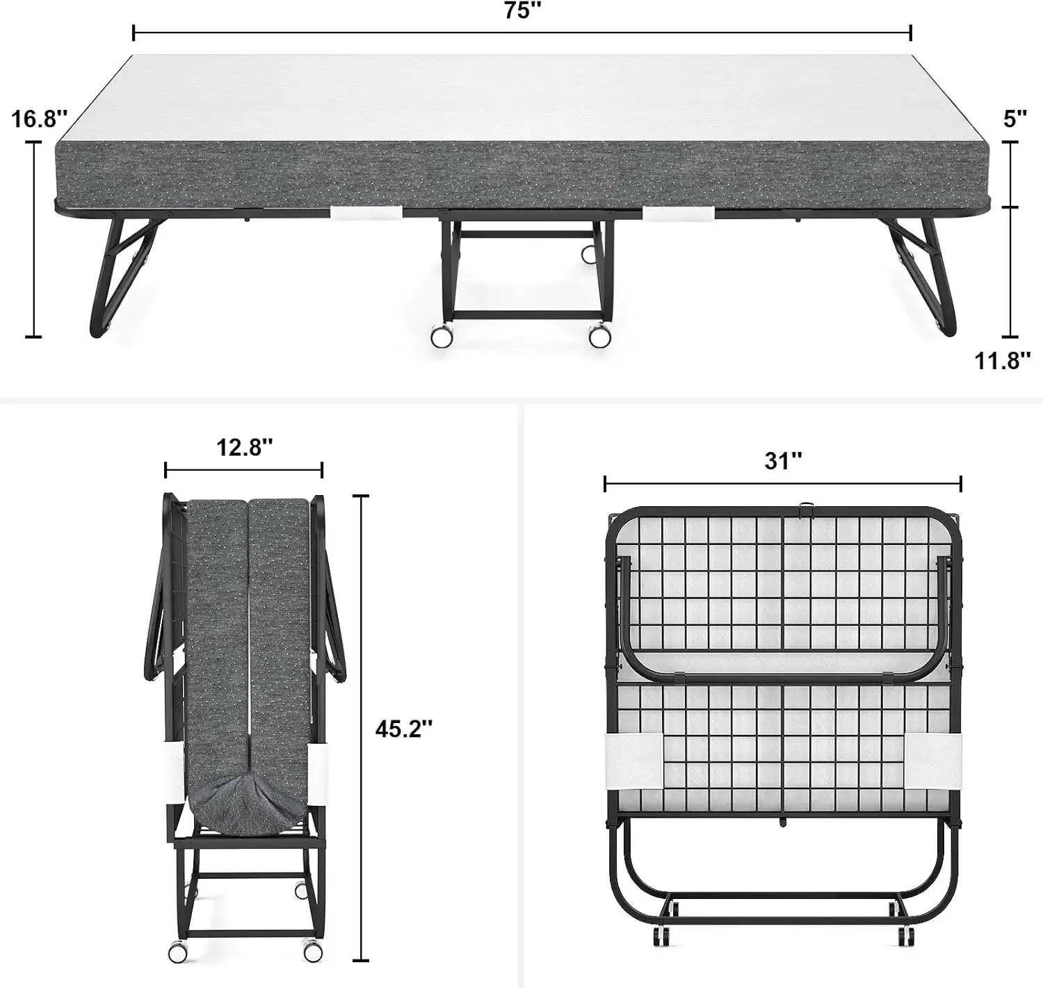 Rollaway Folding Bed with Mattress Storage Cover Included Cot Size Extra Guest Bed with Memory Foam Mattress Sturdy Metal Frame