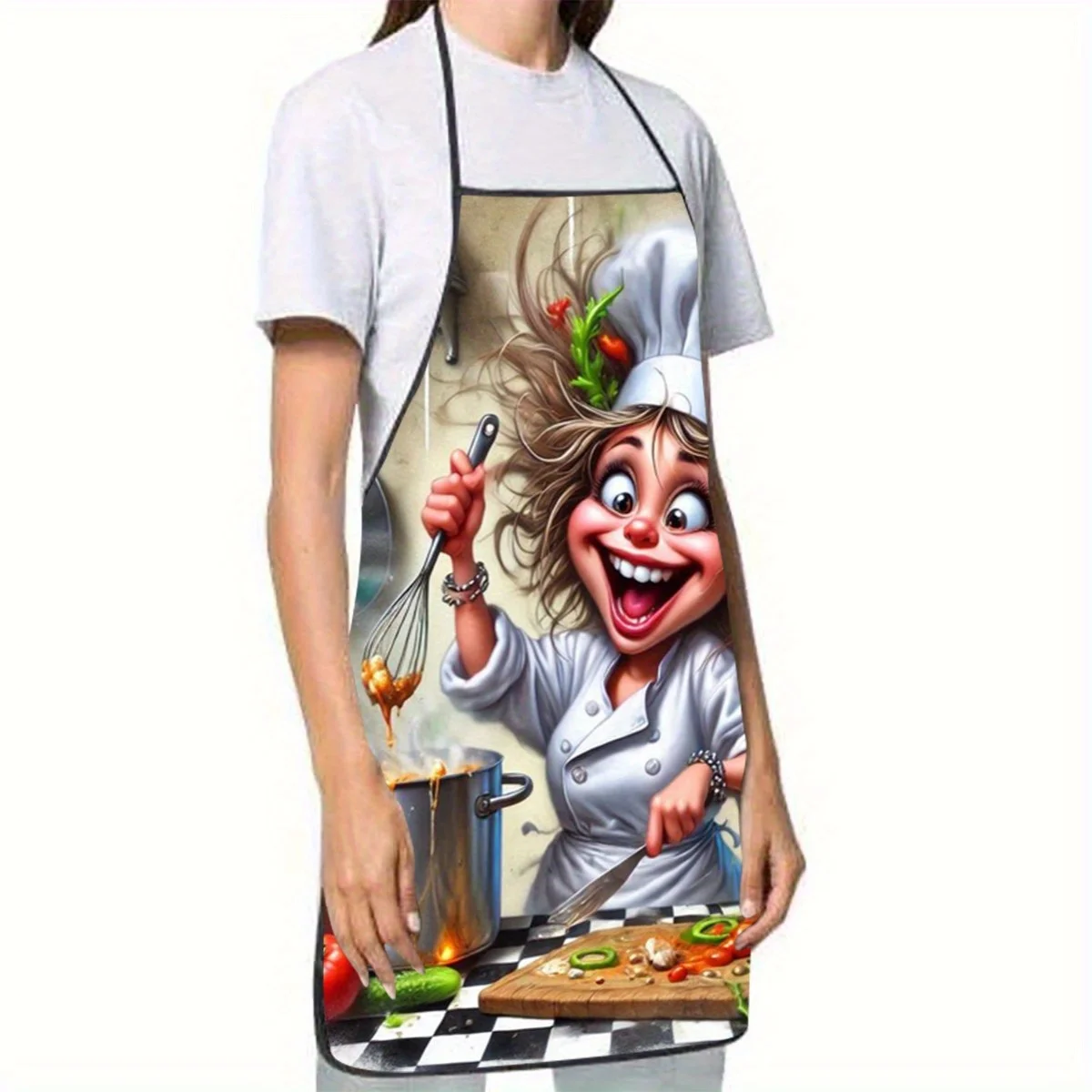 1PC Cute Smiling Chef Print Apron with French Chef Hat Desig Adjustable Kitchen Apron Durable Cooking Apparel for Baking Cooking