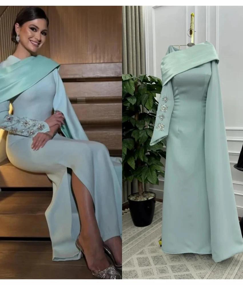 

Customized Formal Satin Straight Crystal Tiered Evening Dress High Quality Long Sleeves Floor Length O-neck prom dresses