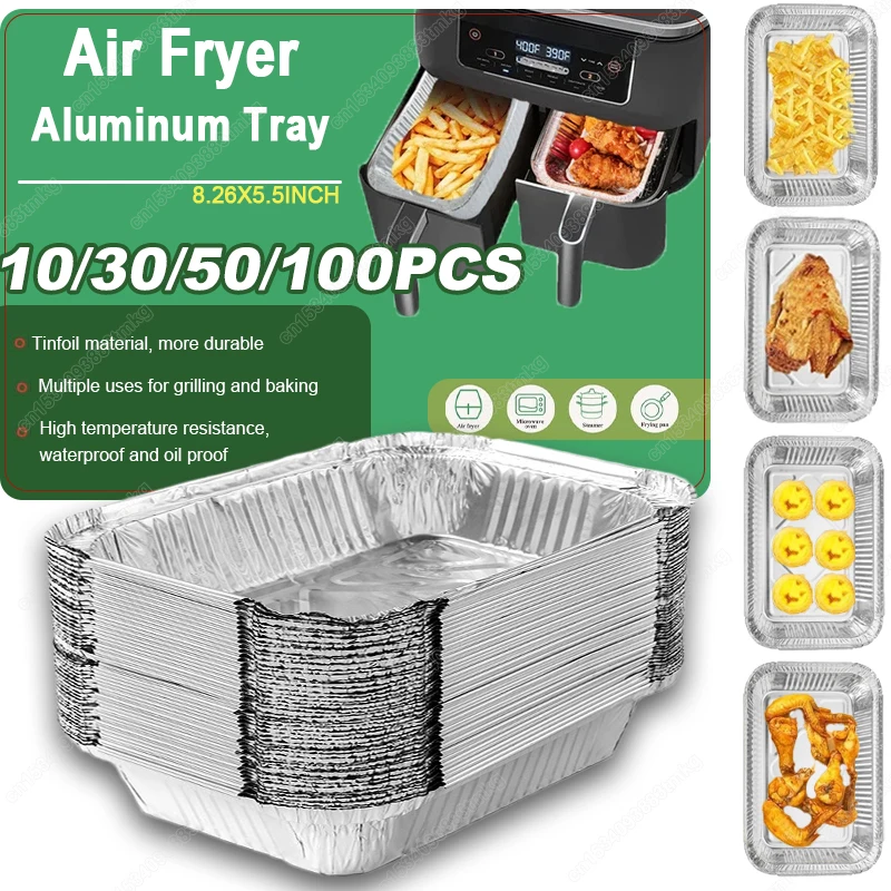 10/30/50/100Pcs Aluminum Tray Disposable Baking Trays for Air Fryer Rectangle Liners Non-Stick Oven Cooking Pans Kitchen Tool