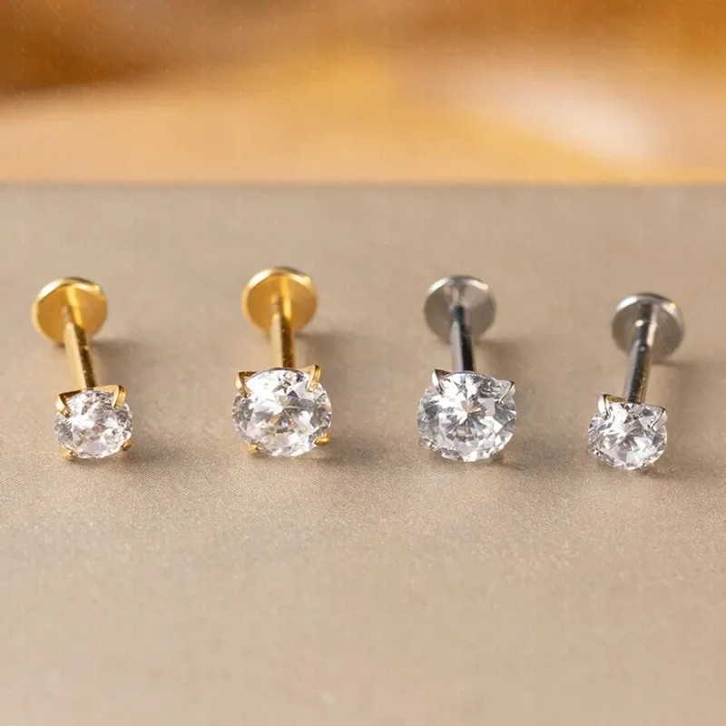 925 Sterling & Titanium Cartilage Earring Labret Flat Back Moissanite Tragus Internal threaded Helix Piercing Conch Nose Stud