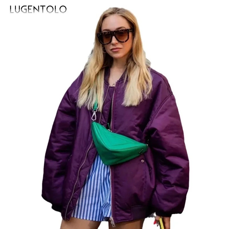 Women Fashion Parka Y2k Thickened O-Neck Loose Bomber Jacket New Chic Oblique Pocket Zip Coats Oversized Casual Baseball Shirt