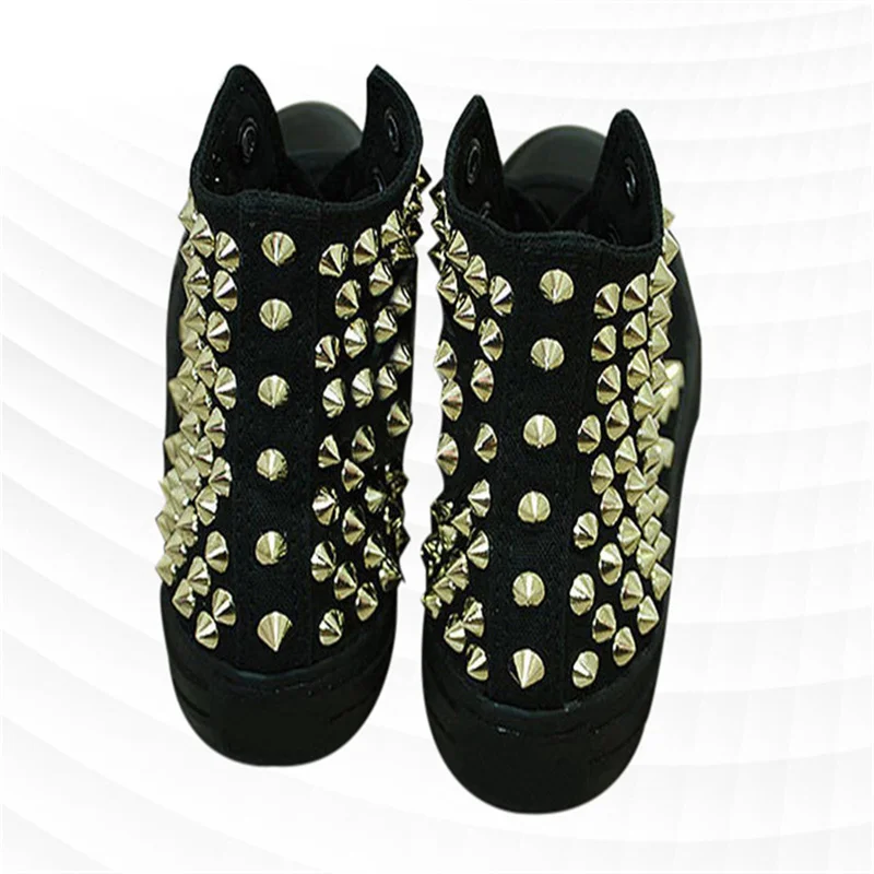 Hand-made original black high top riveted canvas shoes Hip hop punk show shoes men and women plus size casual shoes 35-46