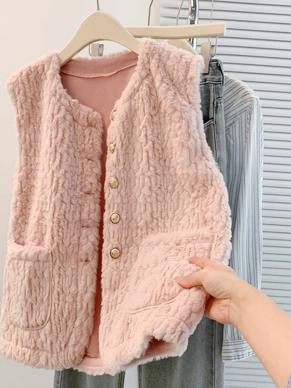 

Pink Lamb Fur Vest Outerwear Women's Autumn New Large Size Fat MM Cardigan Sle Slim Svel Vest Top Thiened Winter Cl...