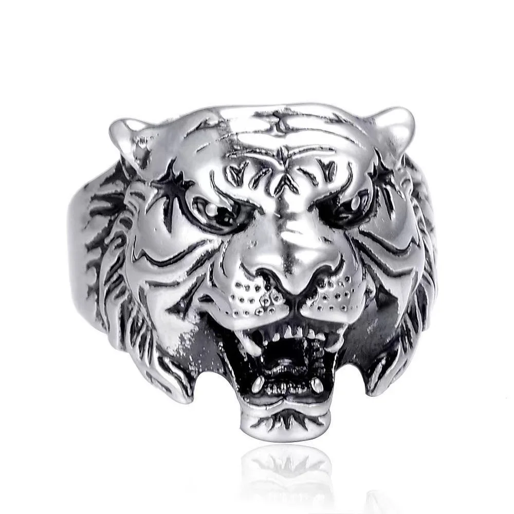 Punk Personality Men's Tiger Ring Retro Plain Silver Domineering Animal Tiger Head Ring Men's Cool Jewelry Accessory Party Gift