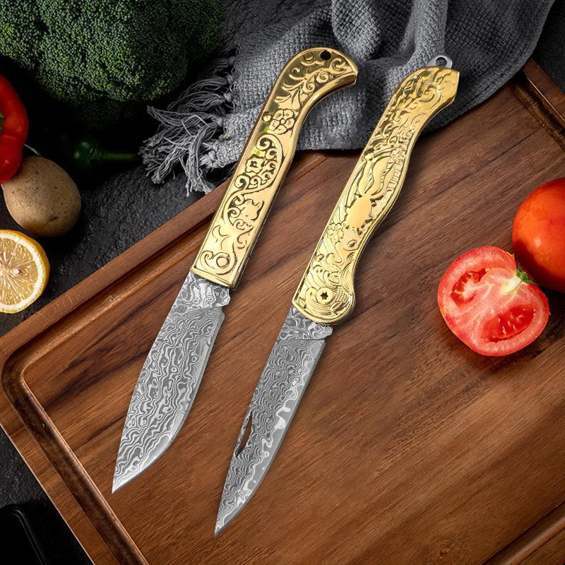 Nuovo coltello pieghevole tascabile con lama in acciaio di Damasco, manico solido in rame, coltello tattico Bushcraft per uso domestico ad alta durezza