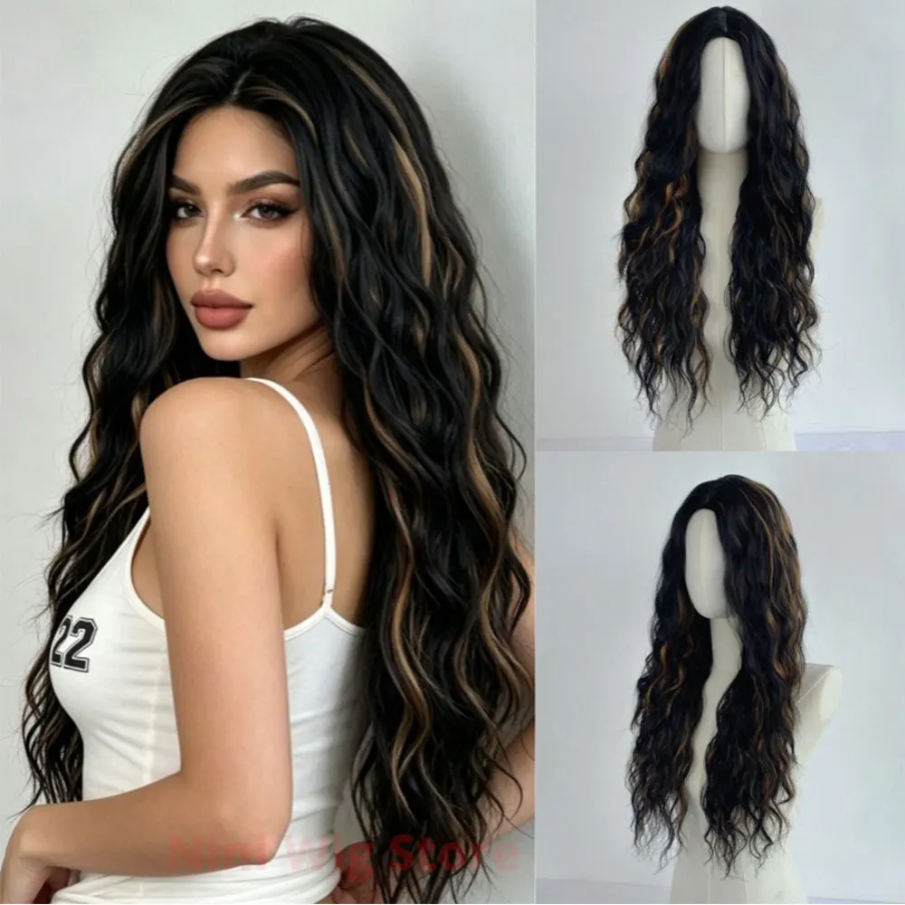 Long Wavy Synthetic hair Cosplay Black Gold Wig for Women Lolita Wigs Wavy Curly Synthetic Natural Headband Hair Party Daily Use