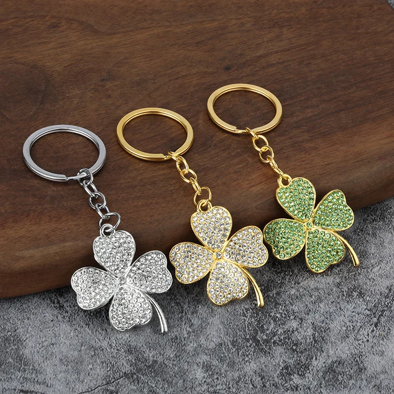 Diamond encrusted Lucky Grass Car Keychain Metal Women's Bag Pendant Keychain Ring Creative Pendant Cross