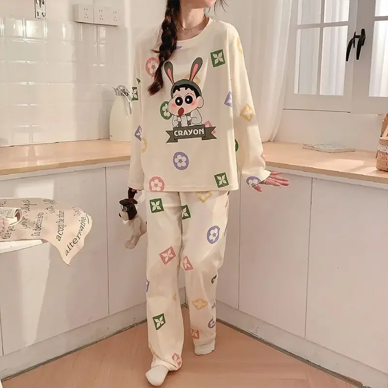 Cartoon Crayon Shin-chan Cotton Women Pajamas Cute Printed Long Sleeve Pants Spring Autumn Loose Casual Comfortable Homewear Set