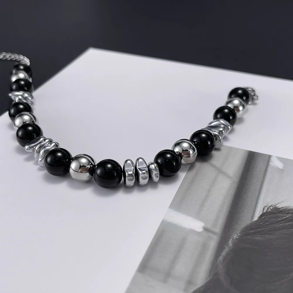 Hot Sale Double Black Agate Bracelet for Men and Women Natural Stone Stainless Steel Chain Bangles Handmade Jewelry Couple Gifts