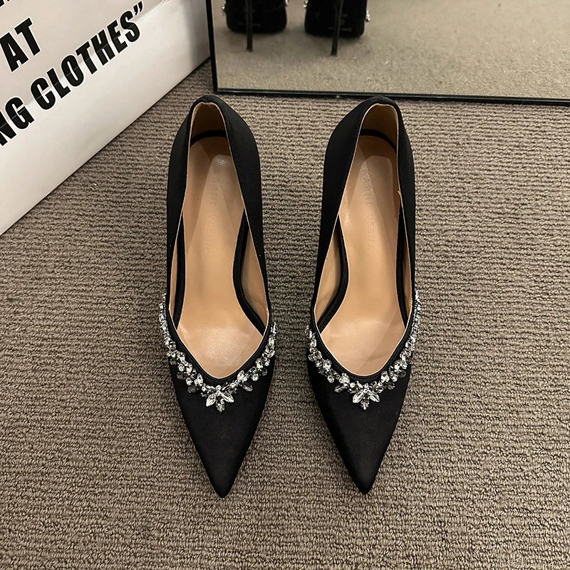 Pointed Thin Heel Sexy Bed Shoes High Heel 7.5cm or 9cm Rhinestone Thin Heel Fashion New Heels Shoes for Women 2024 Pumps