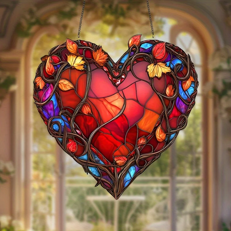 

Sun Catcher Acrylic Window Decor, Autumn Foliage Heart Red Stained Glass Style Outdoor Indoor Wall Art for Home Balcony,Gift