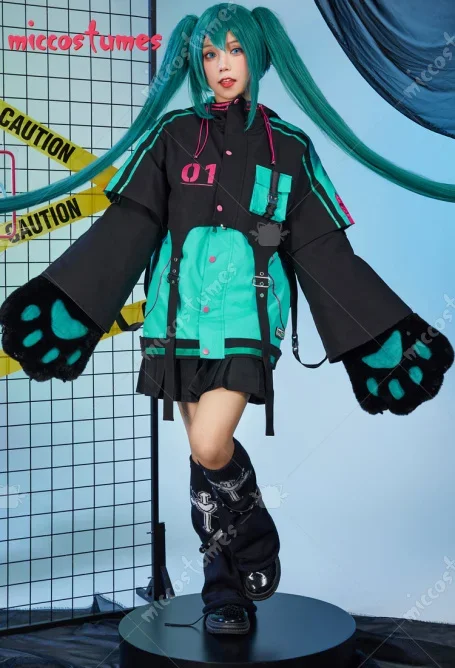 Miccostumes Black Green Pullover Hoodie Jacket and Detachable Skirt Set Motorcycle Suit Style Clubwear with Furry Cat Paw Bag