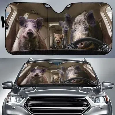 Funny Boar Family Left Hand Drive Car Sunshade for Boar Lover Gift, Boar Wild Animals Family Driving Auto Sun Shade, Gift Idea f