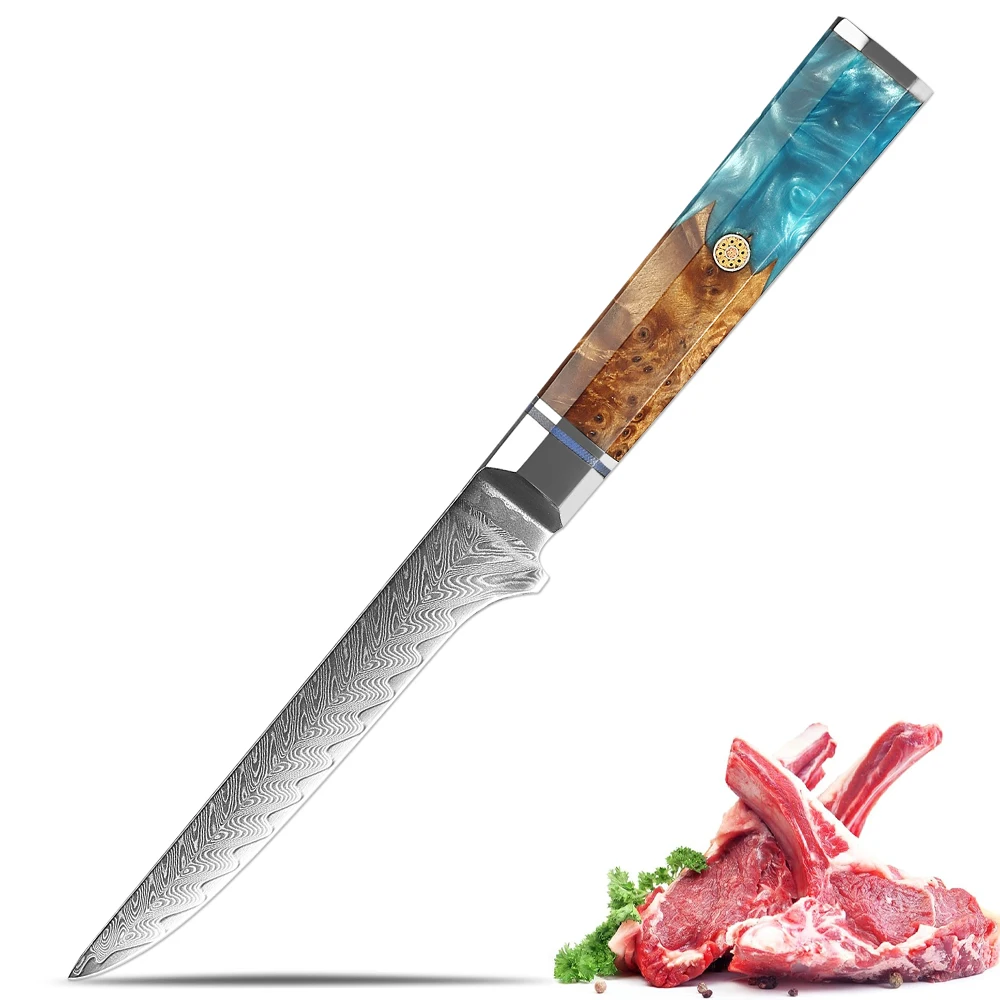 Professional Damascus Steel Boning Knife 6 Inch Sharp Fish Filleting Sashimi Knife Deboning Knife Octagonal Ergonomic handle