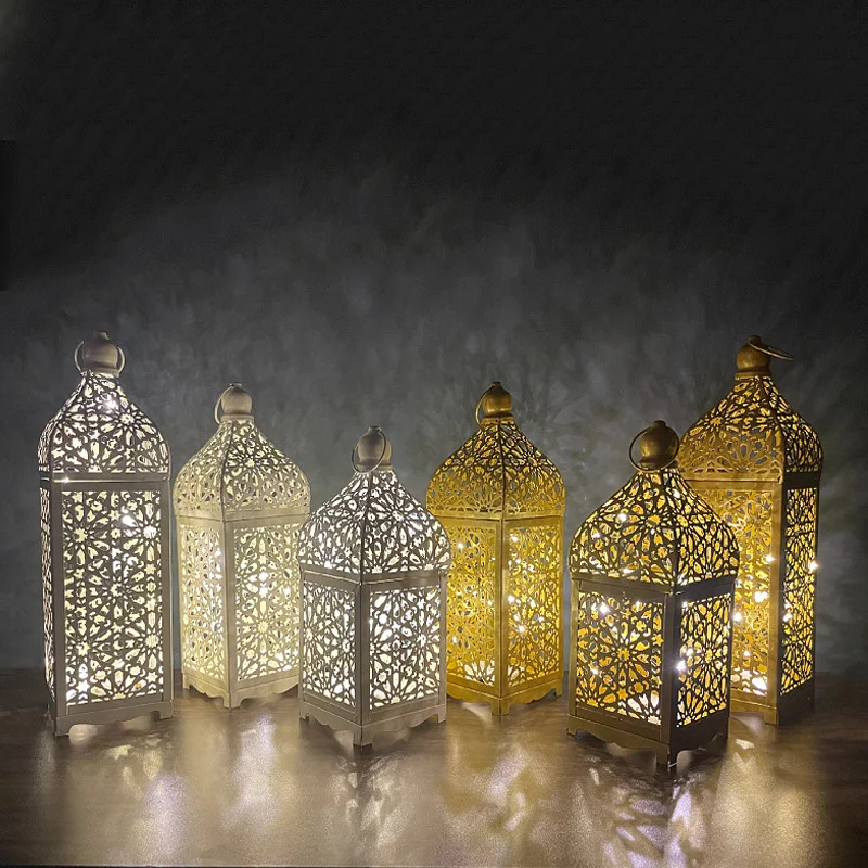 โลหะลมโคมไฟโมร็อกโก Hollow LED Night Light โคมไฟตกแต่งสําหรับ Eid Mubarak Ramadan Kareem Party เครื่องประดับงานแต่งงานของขวัญ