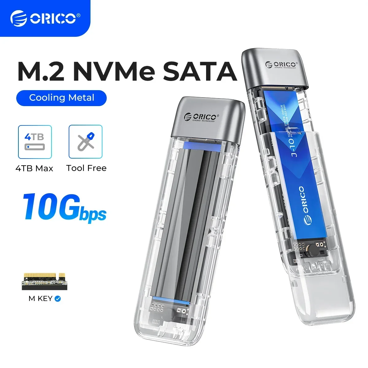 ORICO M.2 SSD Case NVME SATA SSD Enclosure Tool Free 10Gbps M.2 to USB Type C Transparent External Adapter Portable