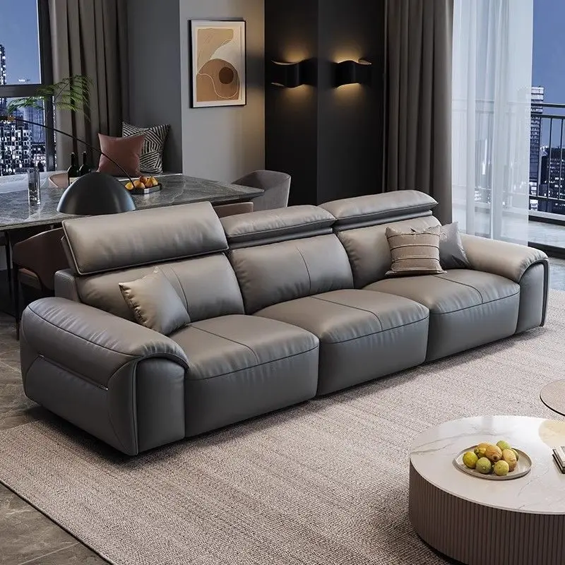 Italian Minimalist Leather Sofa Modern Simple Living Room Adjustable Headrest Piano Keys Black Inline Leather Art Sofa