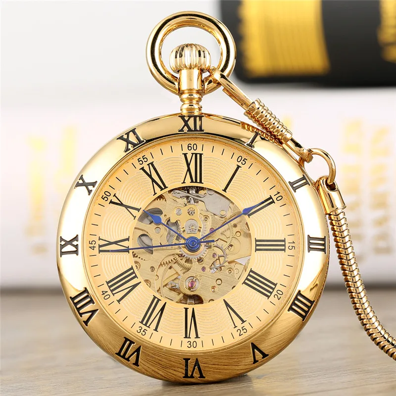 Gold/Silver Roman Numerals Open Face Men Women Mechanical Automatic Pocket Watch Pendant Chain Clock Skeleton Watches Gift