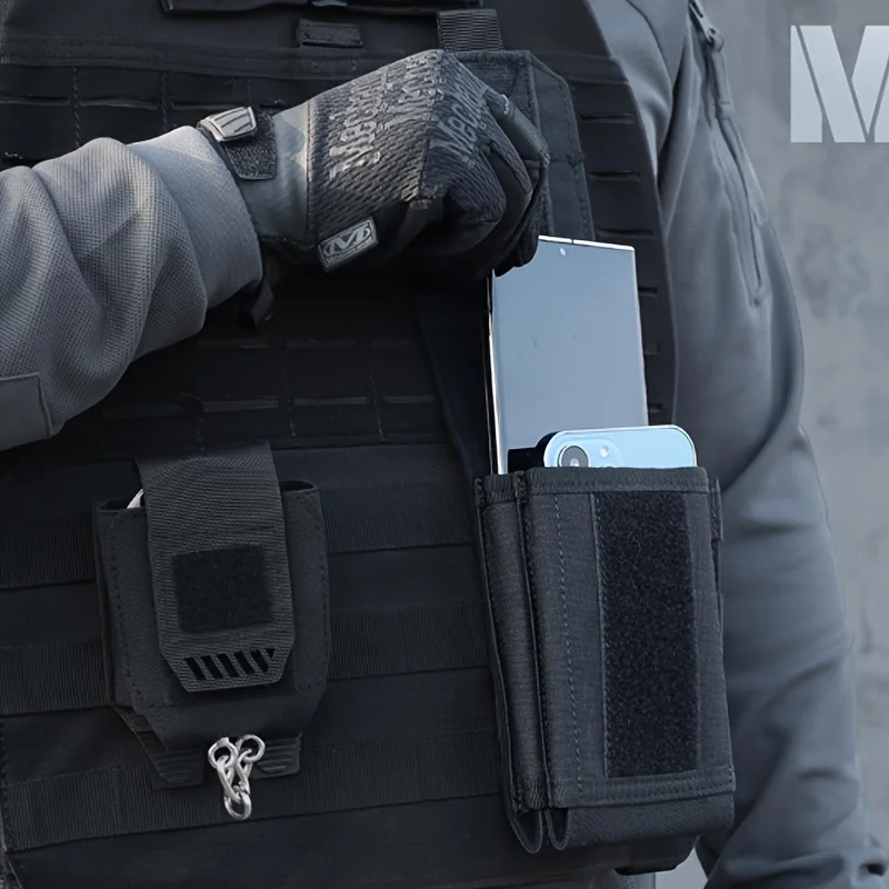 Schwarze Aufbewahrungstasche mit Klappe, Handytasche für große Bildschirme, Werkzeugtasche für die Taille, Münzbörse – Detail 6